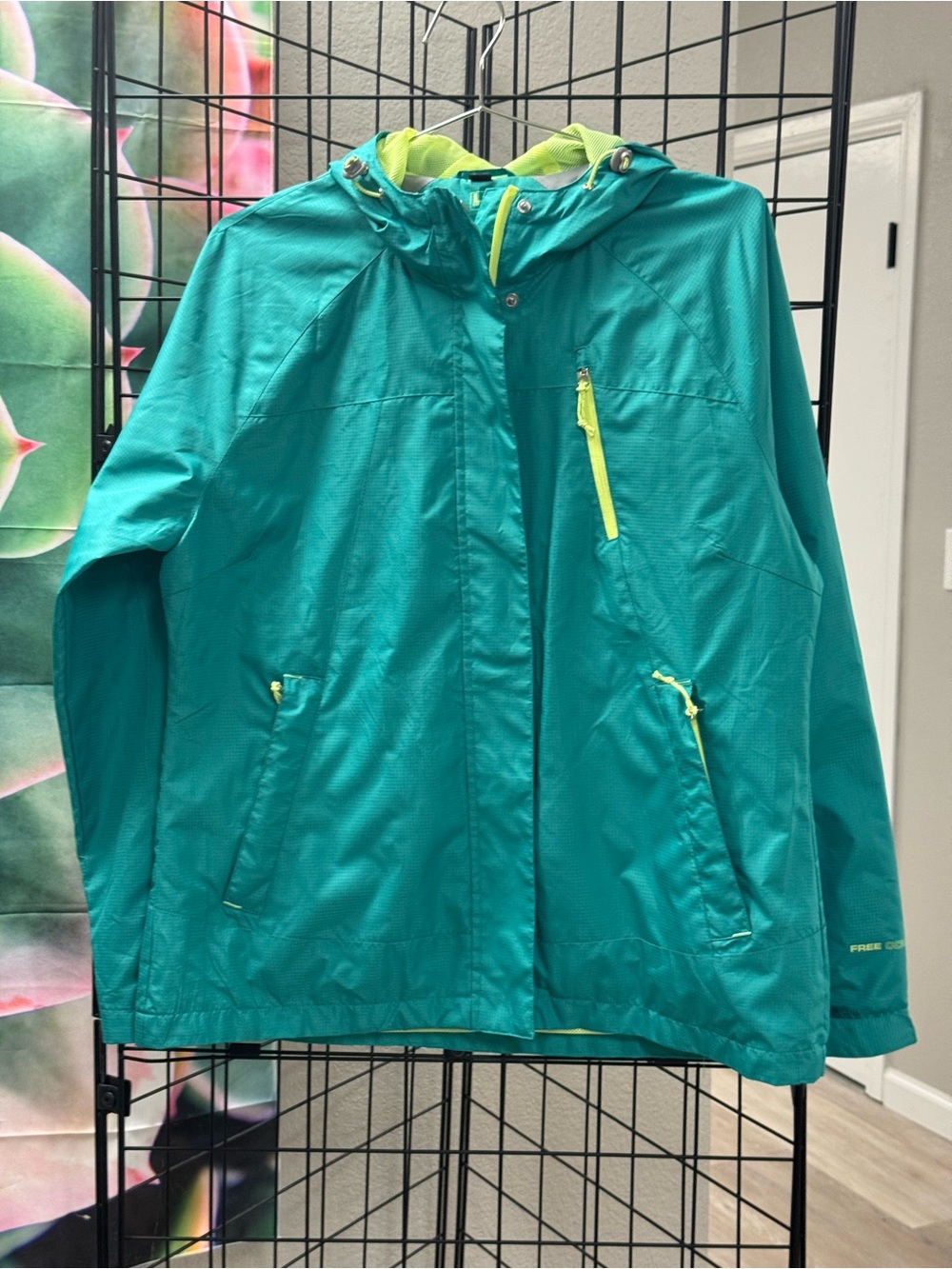 Free Country Teal Hooded wind breaker Jacket with Lime Accents